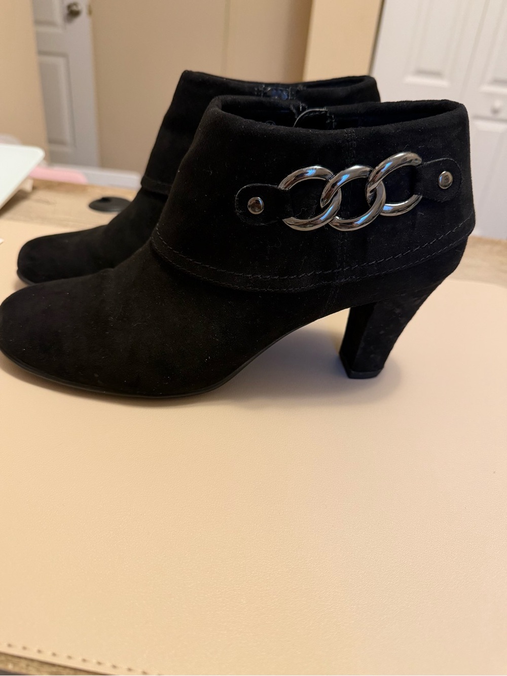 Black Suede Ankle Booties with Silver Chain Accent